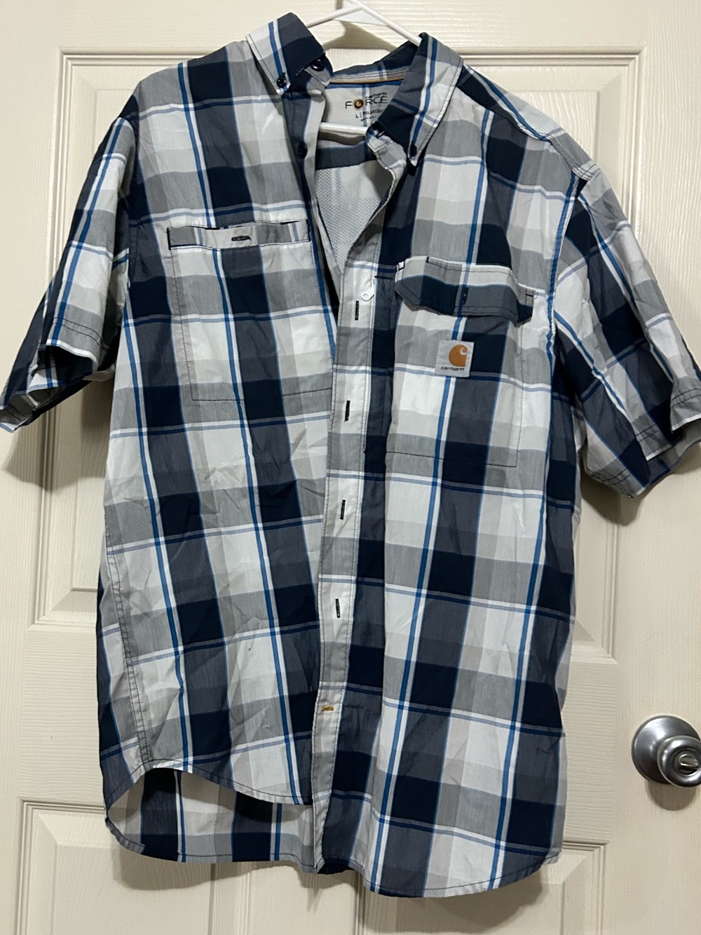 Carhartt Men's Short-Sleeve Plaid Button-Down Shirt - Navy, White & Gray